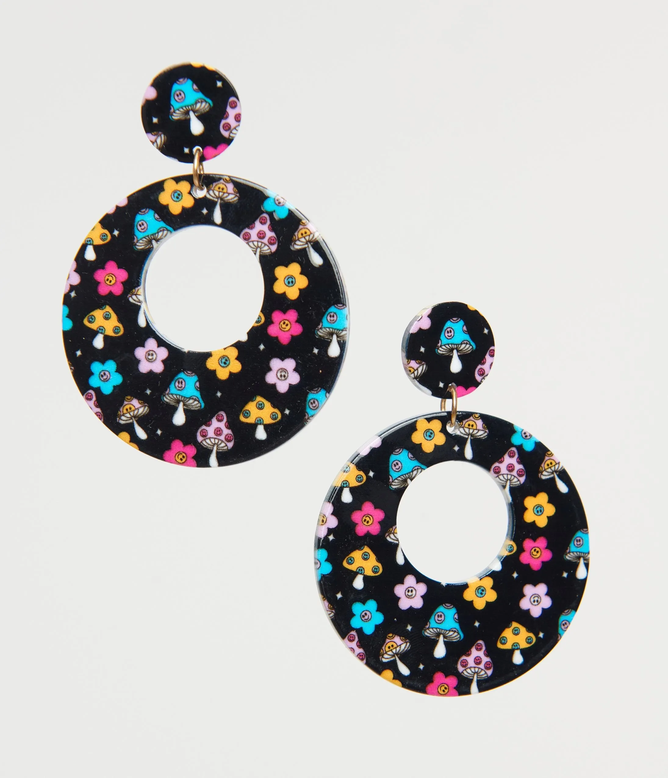 1970s Black Mushroom & Floral Print Hoop Earrings sold by Unique Vintage