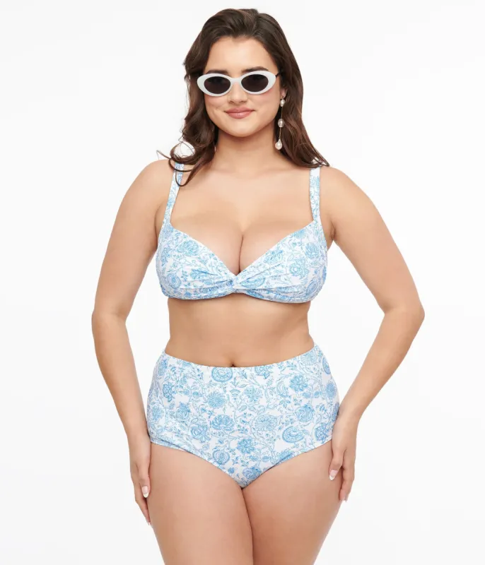 White & Thistle Blue Floral Two Piece Swim Set sold by Unique Vintage