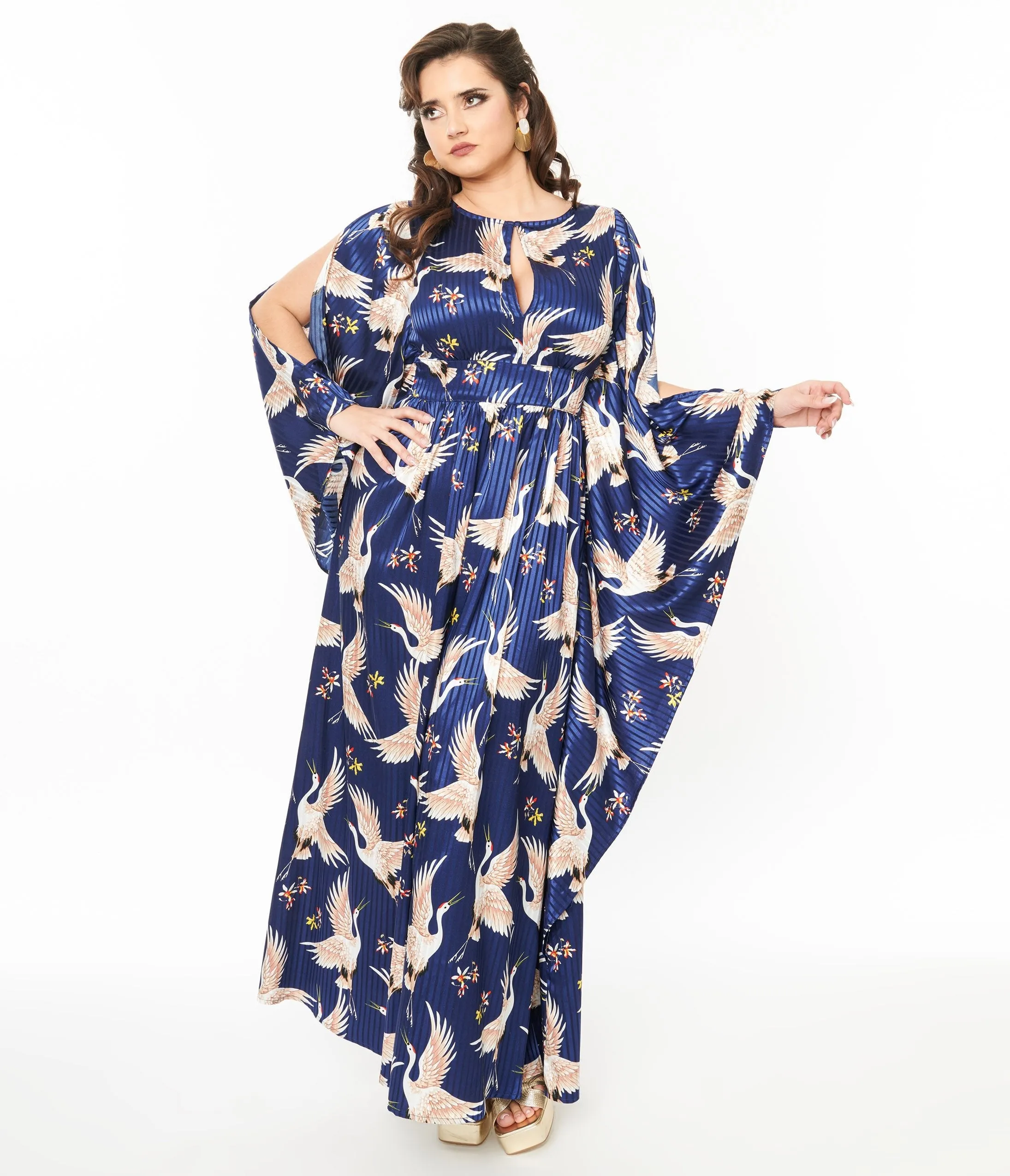 Unique Vintage 1960s Navy Crane Flutter Sleeve Caftan sold by Unique Vintage