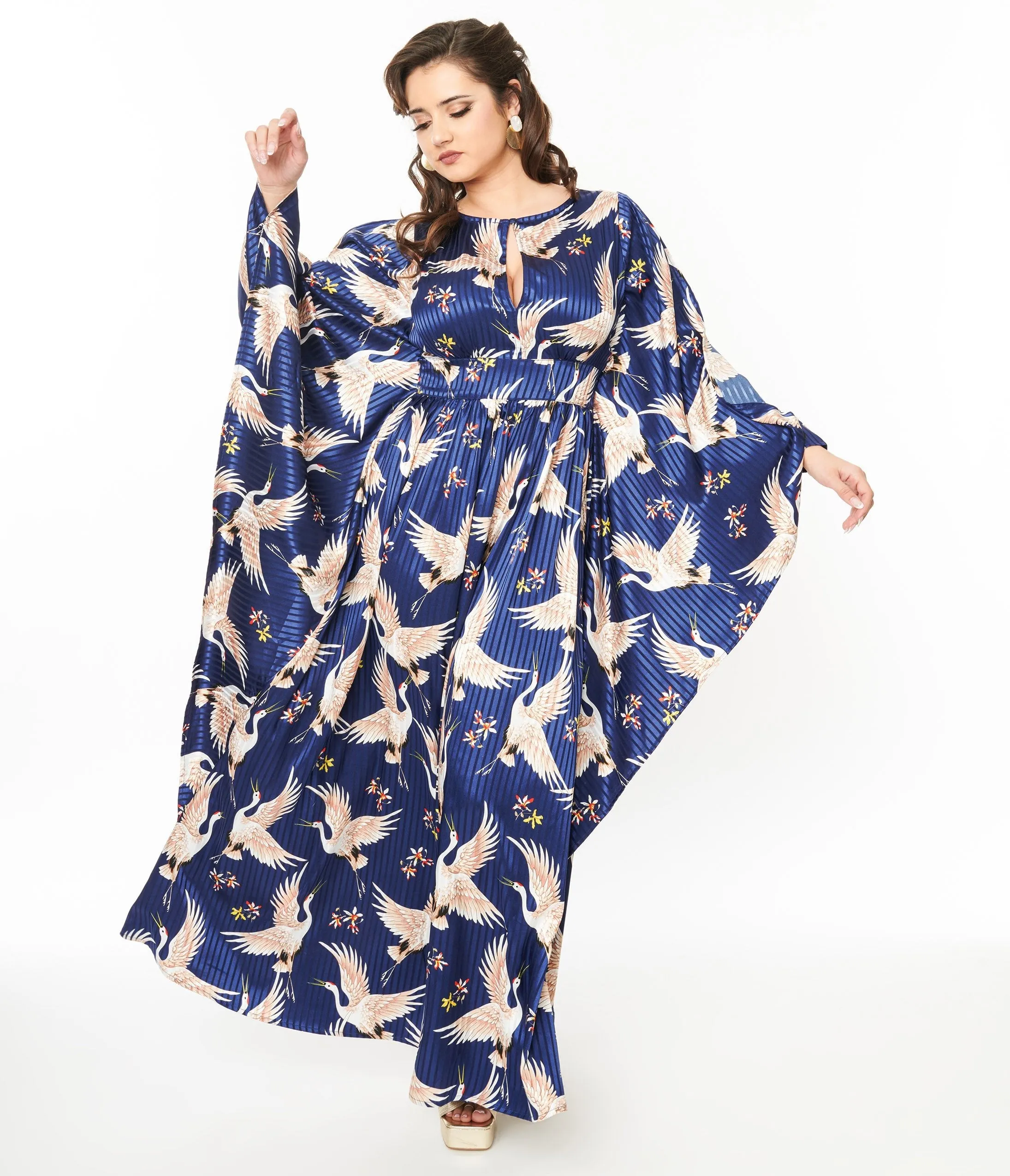 Unique Vintage 1960s Navy Crane Flutter Sleeve Caftan sold by Unique Vintage product image thumbnail 2