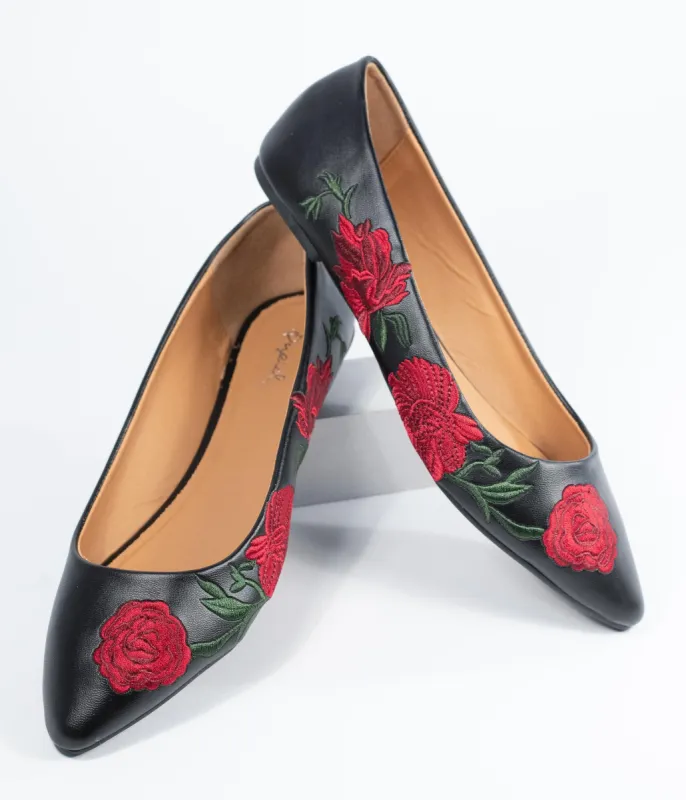 Black & Red Embroidered Florals Leatherette Flats sold by Unique Vintage