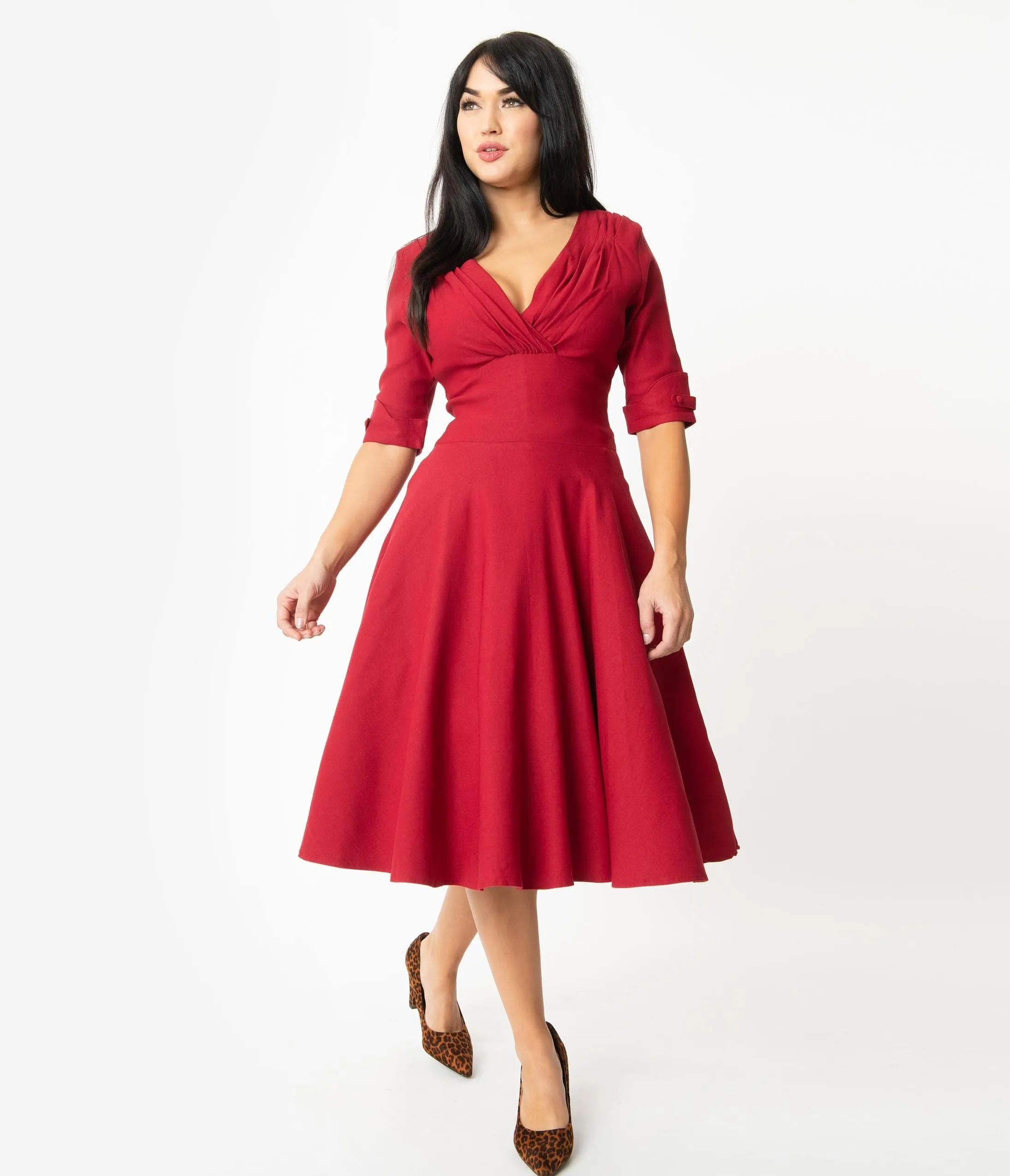 Unique Vintage Merlot Red Delores Swing Dress with Sleeves sold by Unique Vintage product image thumbnail 4