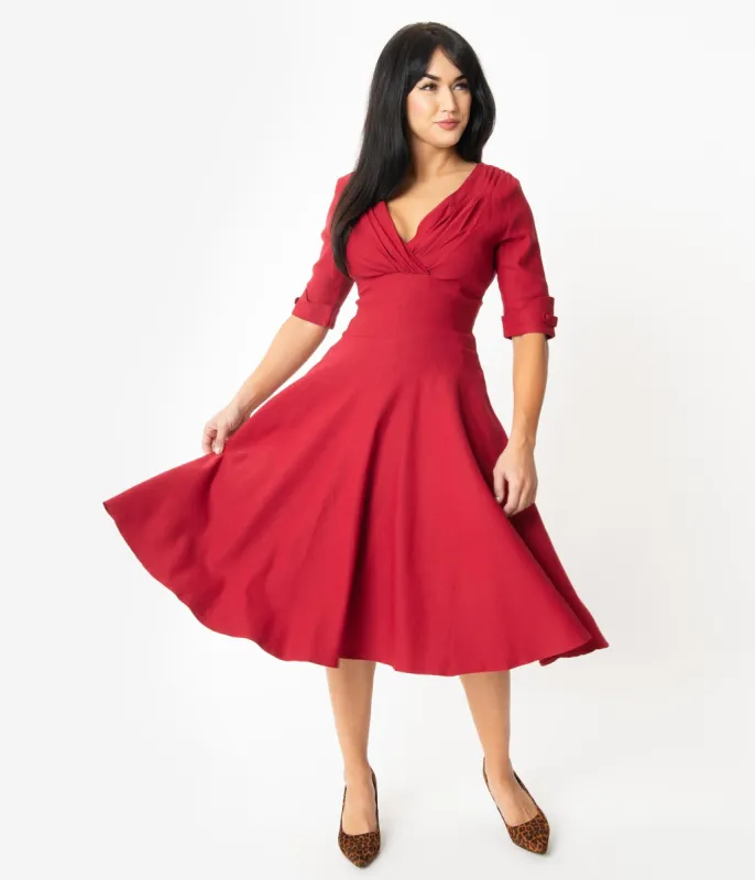 Unique Vintage Merlot Red Delores Swing Dress with Sleeves sold by Unique Vintage