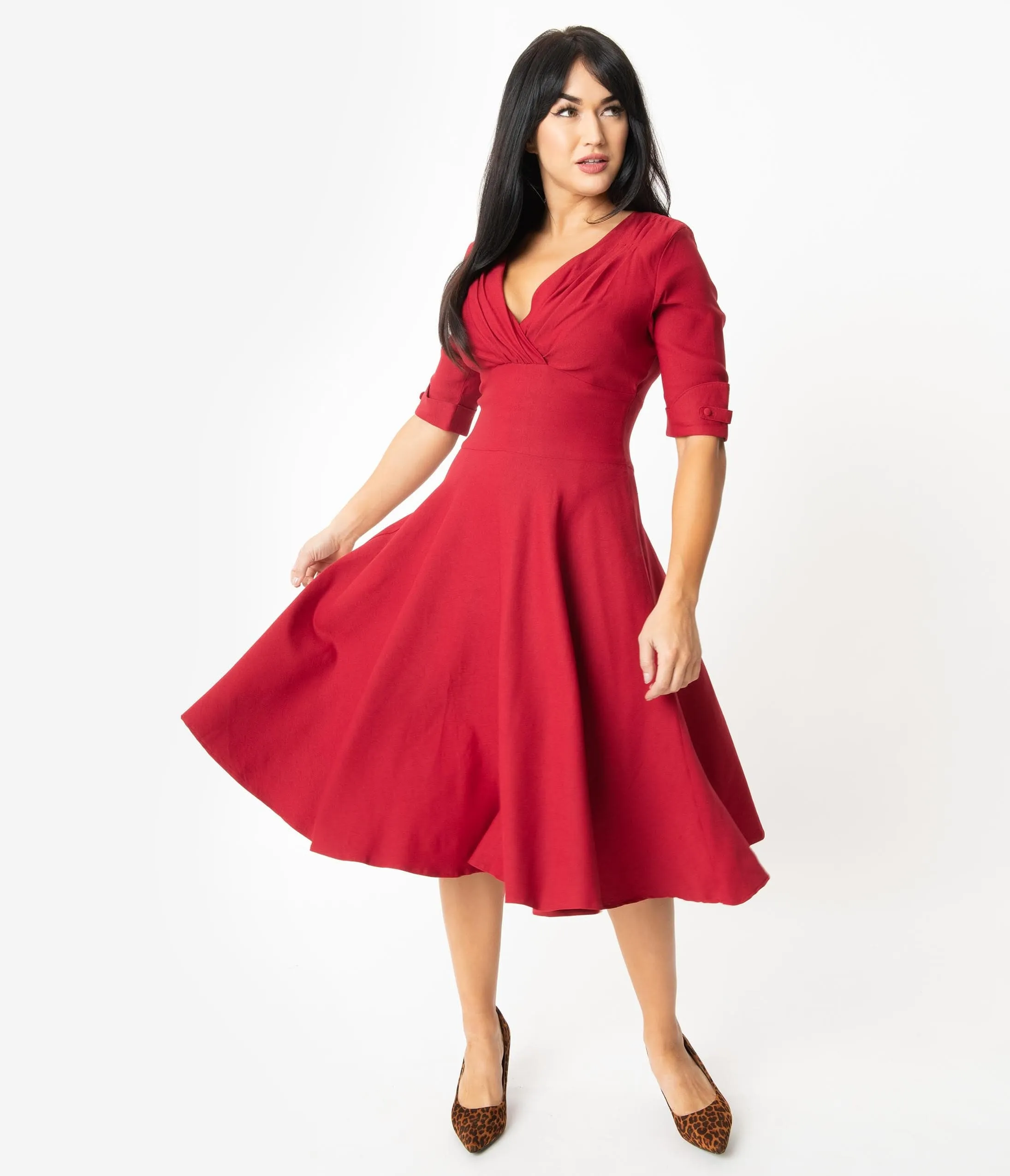 Unique Vintage Merlot Red Delores Swing Dress with Sleeves sold by Unique Vintage product image thumbnail 5