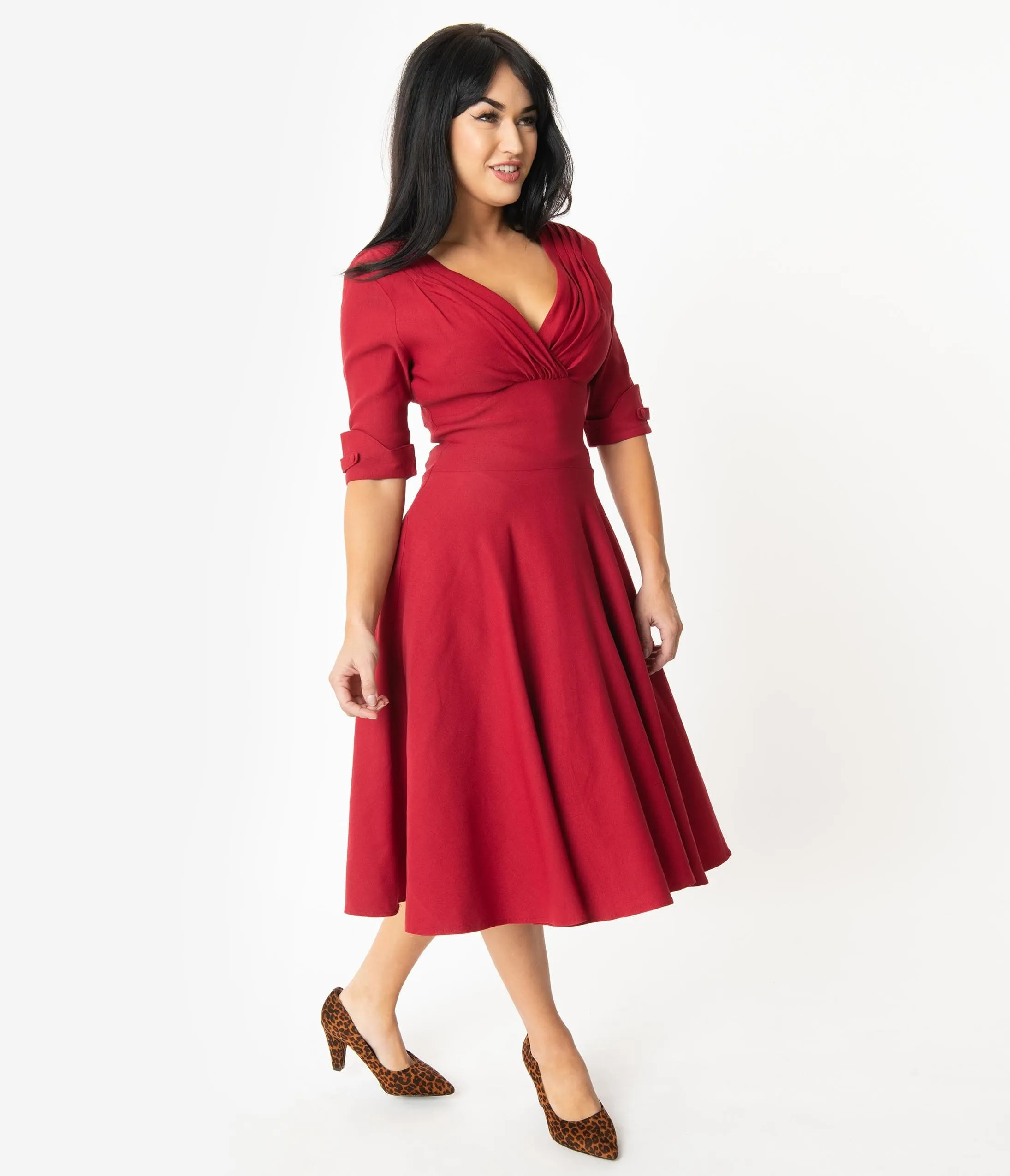 Unique Vintage Merlot Red Delores Swing Dress with Sleeves sold by Unique Vintage product image thumbnail 3