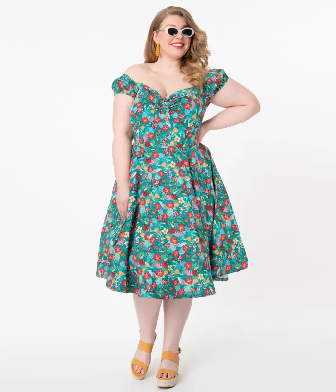 Plus Size Teal & Multicolor Tropical Floral Print Preston Swing Dress sold by Unique Vintage