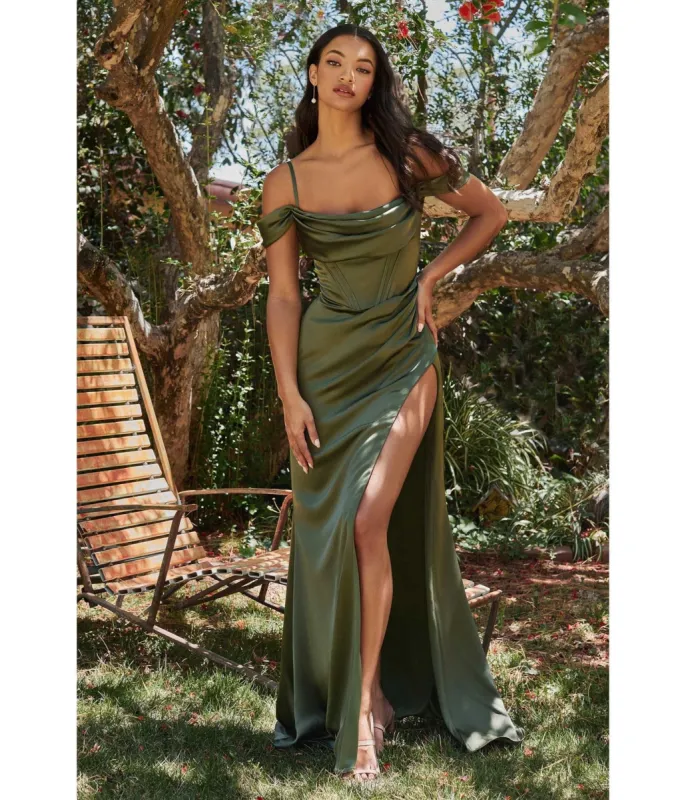 Ladivine by Cinderella Divine Olive Satin Off the Shoulder Corset Bridesmaid Gown sold by Unique Vintage