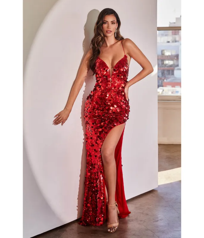 Cinderella Divine  Red Pailllette Sequin Sheath Evening Gown sold by Unique Vintage