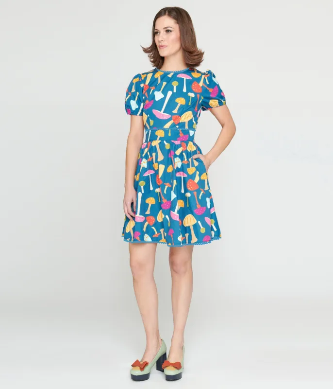 Smak Parlour 1960s Navy & Rainbow Mushroom Open Back Flare Dress sold by Unique Vintage
