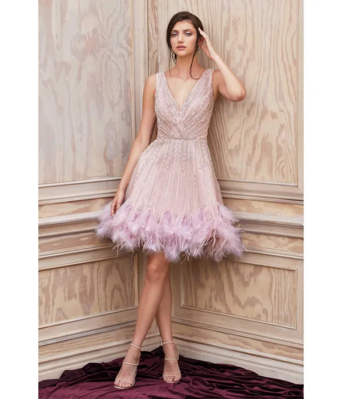 Ladivine by Cinderella Divine Mauve Rhinestone & Feather Hem Bridesmaid Cocktail Dress sold by Unique Vintage