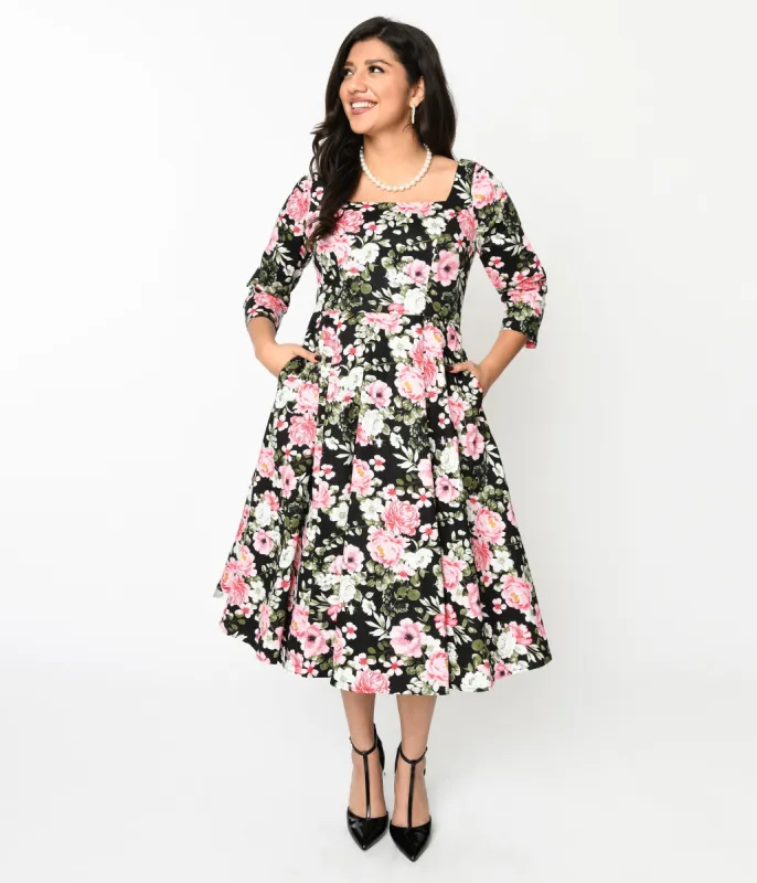 Black Pink Bloom Swing Dress sold by Unique Vintage