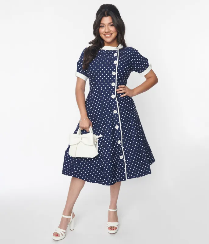 Unique Vintage Navy & White Pin Dot Contrast Button Swing Dress sold by Unique Vintage