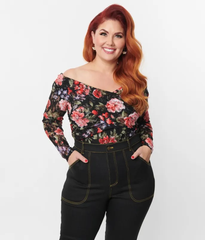 Unique Vintage Plus Size 1940s Black Floral Lace Saturday Night Bodysuit sold by Unique Vintage
