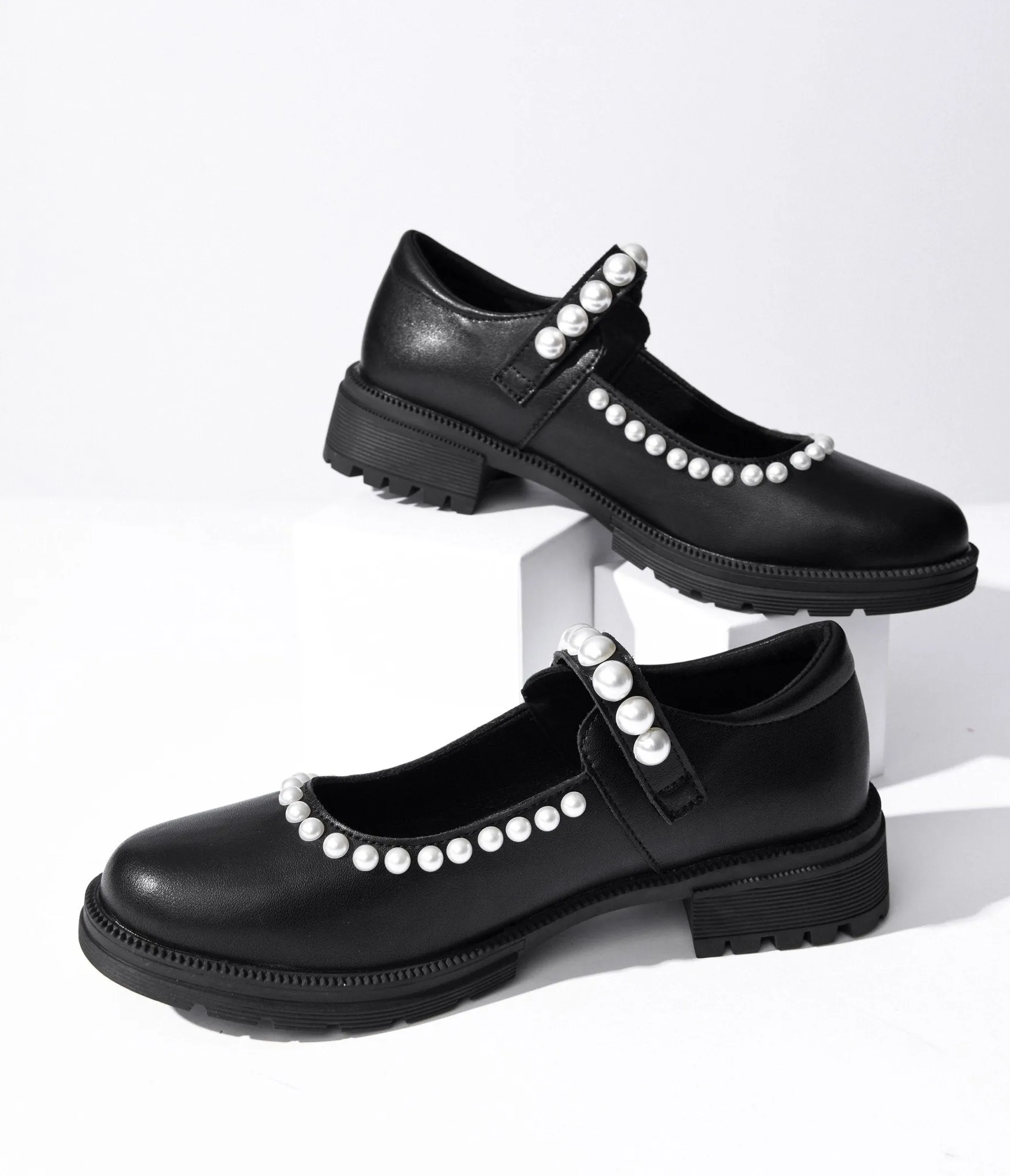 Black Leatherette & Pearl Mary Jane Flats sold by Unique Vintage