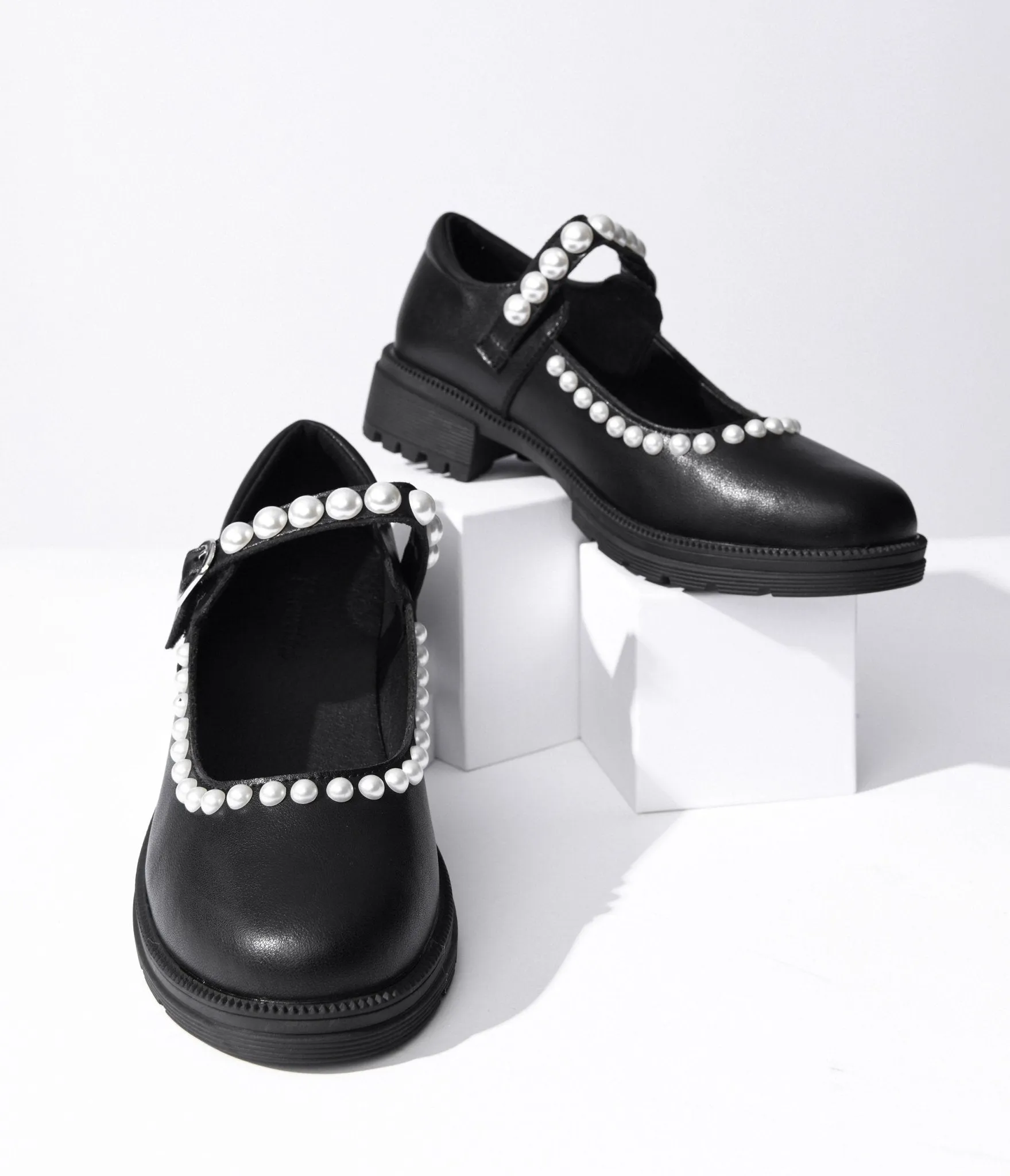 Black Leatherette & Pearl Mary Jane Flats sold by Unique Vintage product image thumbnail 3