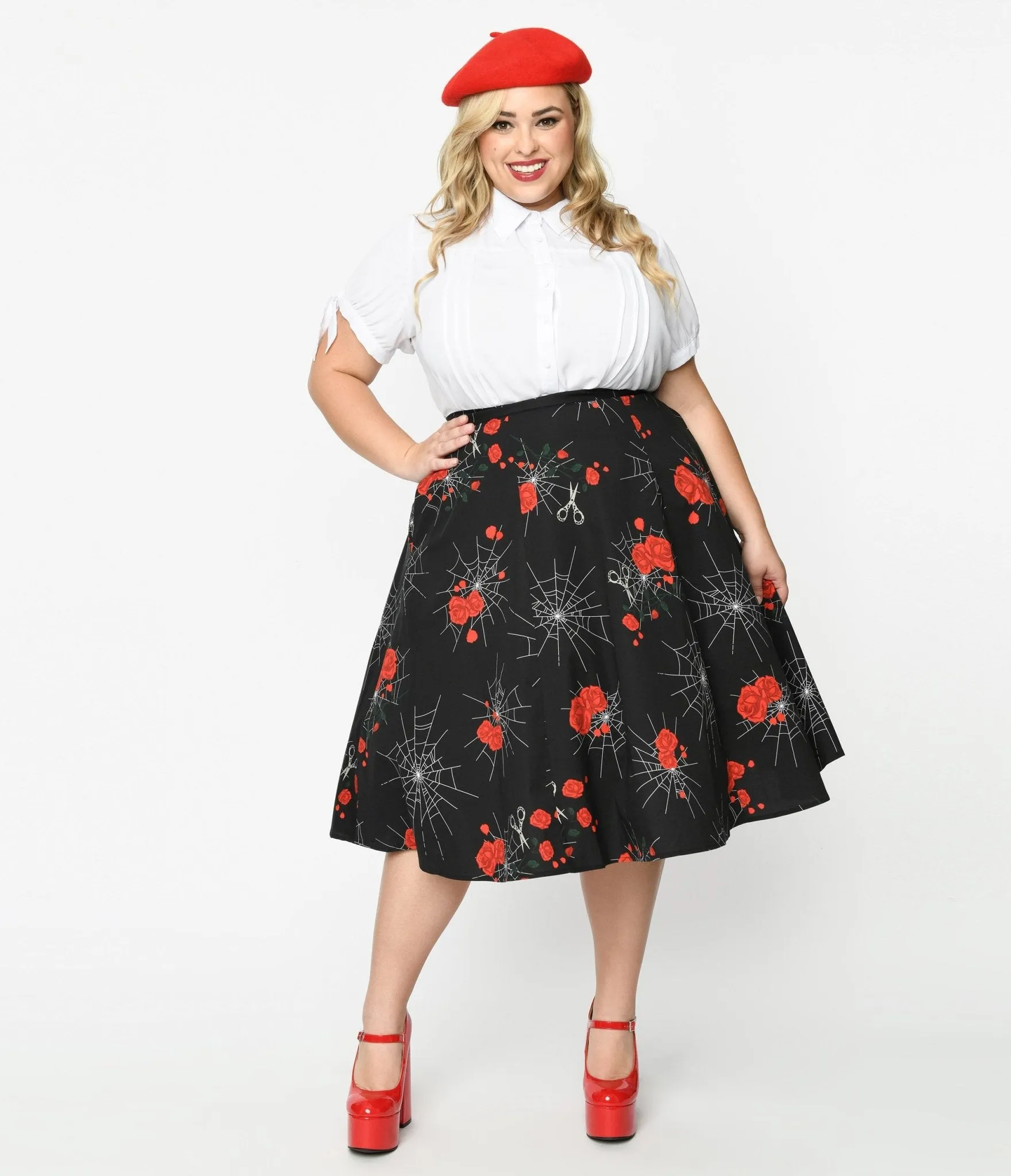 Collectif 1940s Black Spinners Web & Roses Swing Skirt sold by Unique Vintage