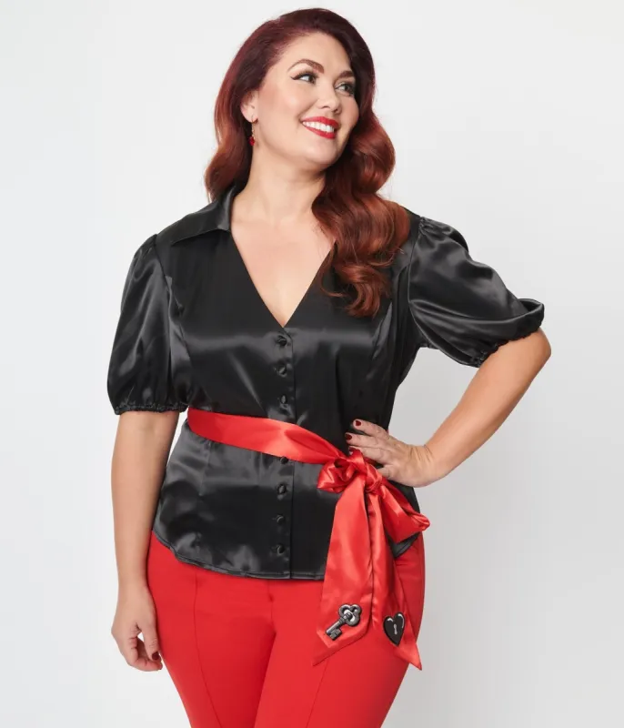 Unique Vintage Plus Size Black & Red Lock & Key Sashed Blouse sold by Unique Vintage