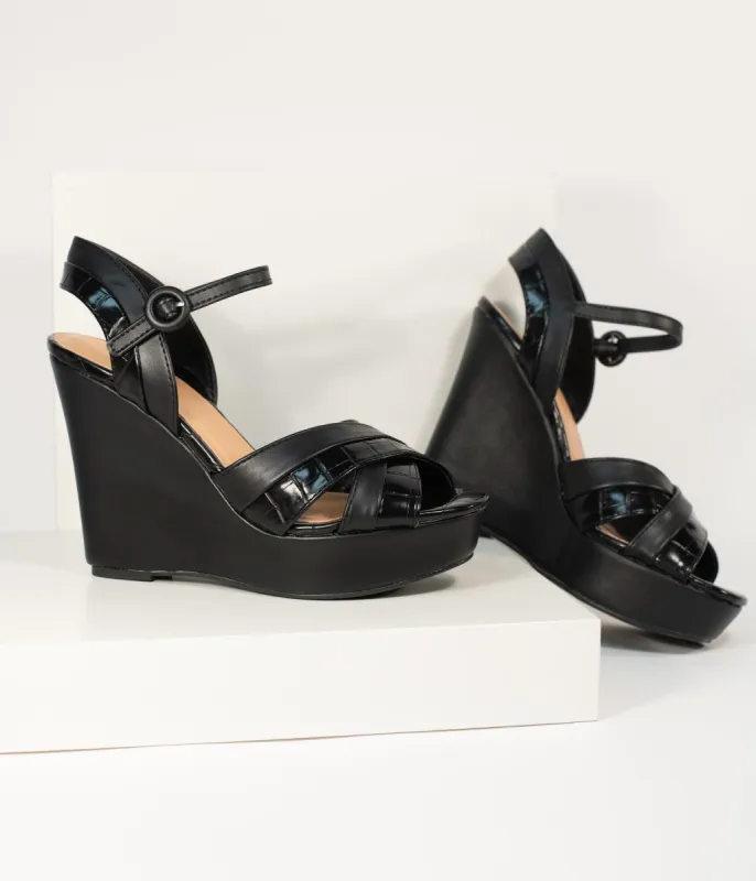 Black Crocodile Embossed Cross Wedge Sandals sold by Unique Vintage