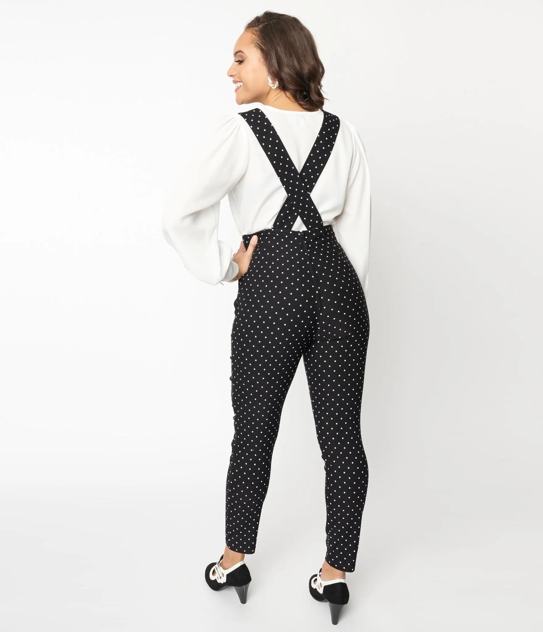 Unique Vintage Black & White Pin Dot Skinny Leg Overalls sold by Unique Vintage product image thumbnail 2