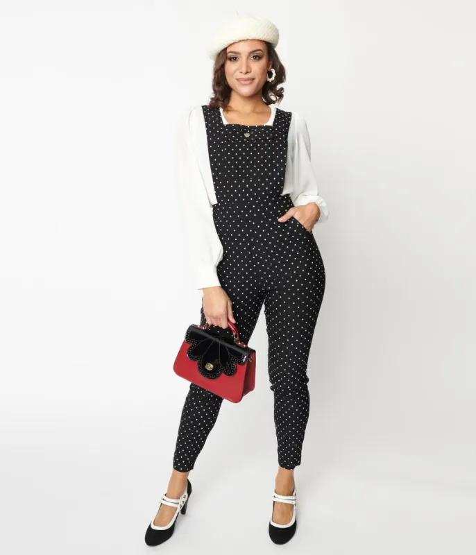Unique Vintage Black & White Pin Dot Skinny Leg Overalls sold by Unique Vintage