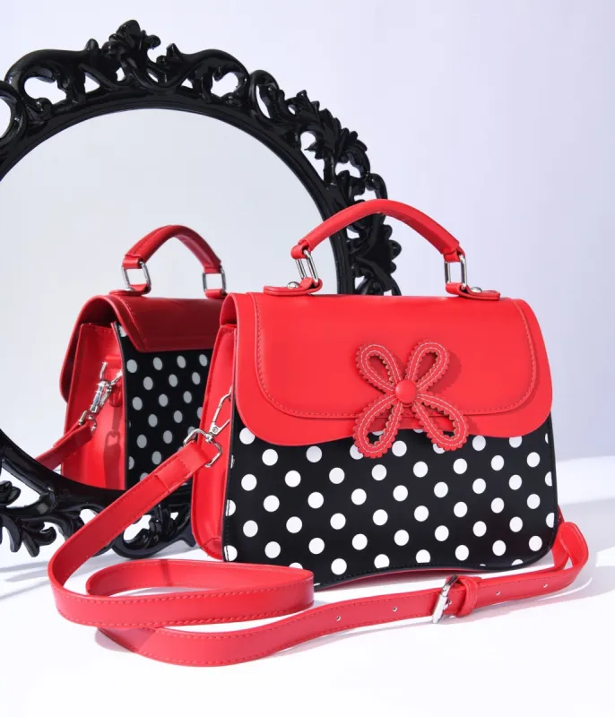 Black & White Dot & Red Accented Leatherette Handbag sold by Unique Vintage
