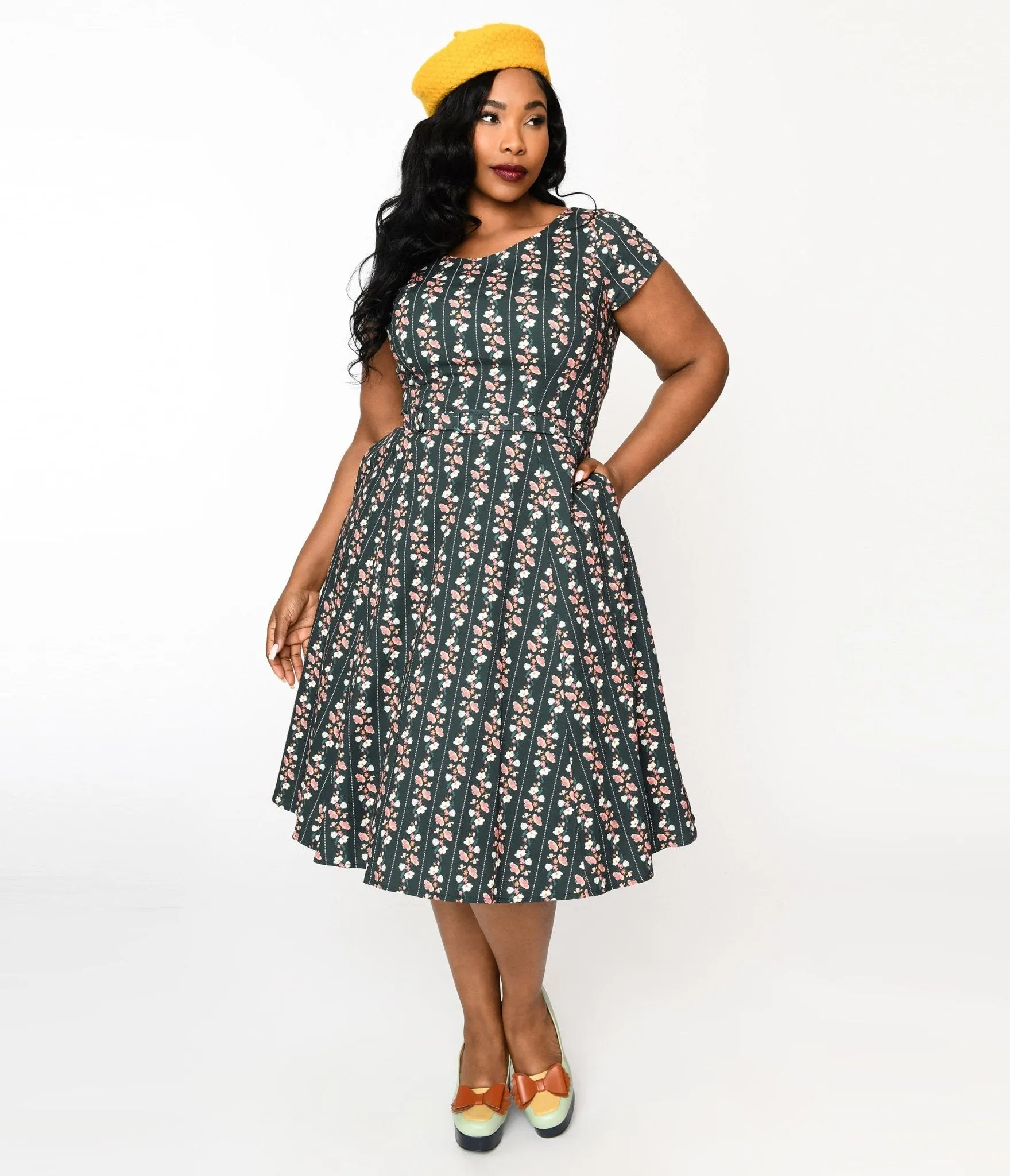 Collectif Green Wallflower Striped Swing Dress sold by Unique Vintage