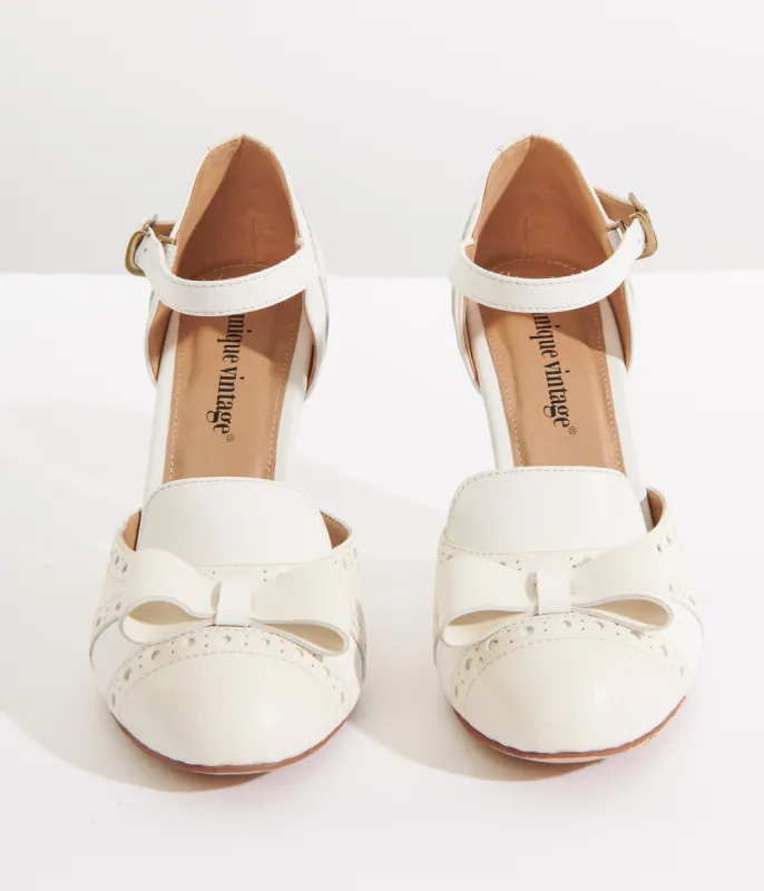 Unique Vintage 1920s Beige & Cream Bow Heels sold by Unique Vintage
