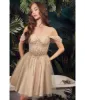 Ladivine by Cinderella Divine Champagne Glitter Tulle Off Shoulder Corset Mini Dress sold by Unique Vintage