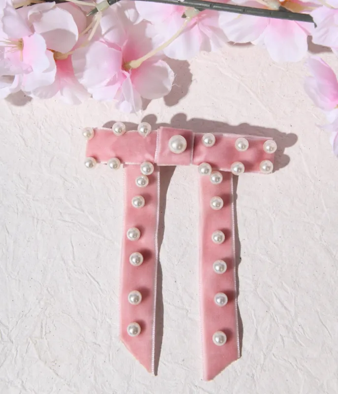 Pink Velvet & Pearl Bow Clip made by Unique Vintage