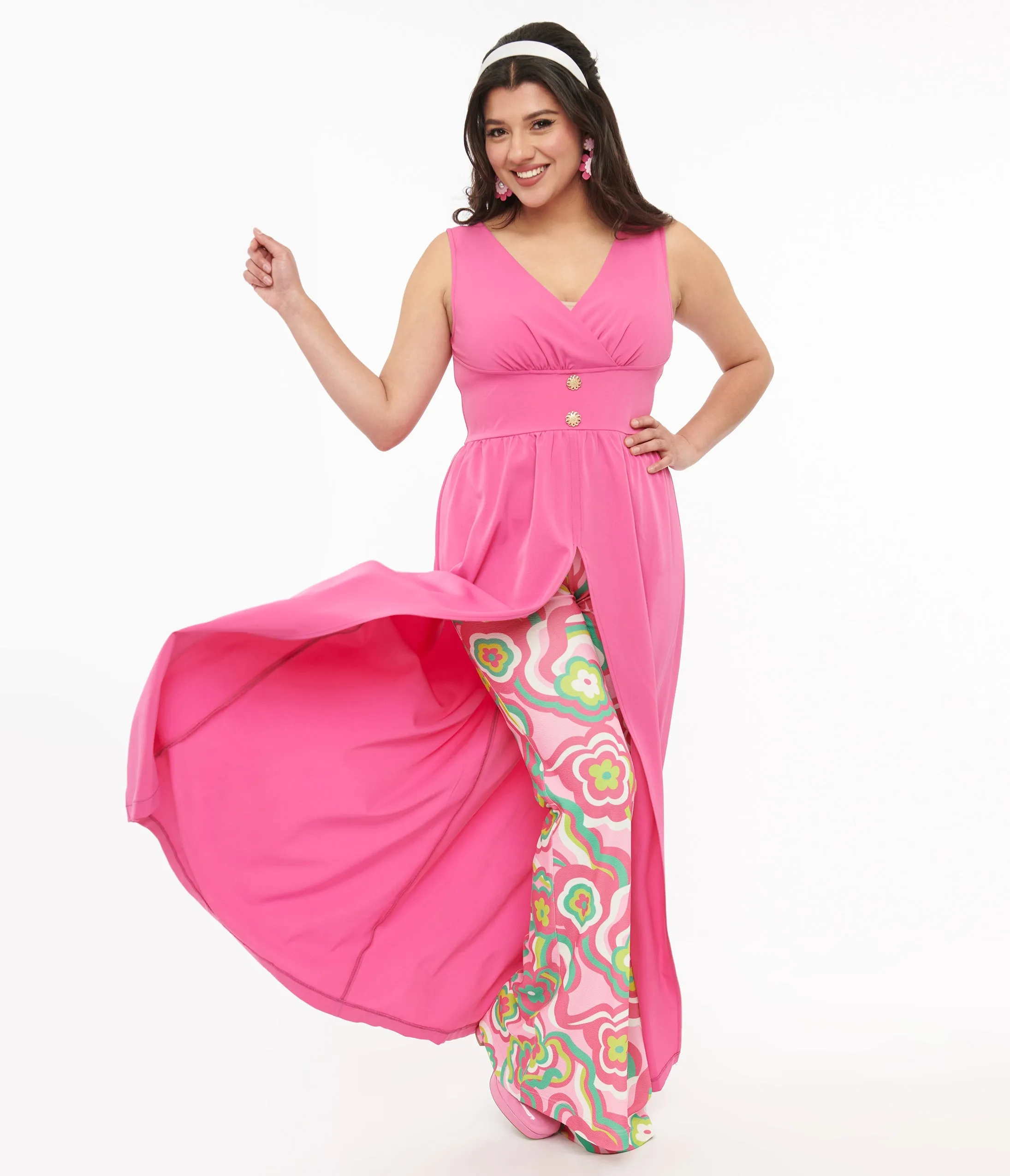 Barbie x Smak Parlour 1970s Pink & Green Floral Evening In Flare Pants sold by Unique Vintage