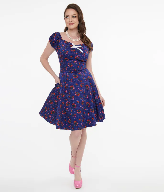 1950s Collectif Blue & Mixed Berries Print Dolores Mini Dress sold by Unique Vintage
