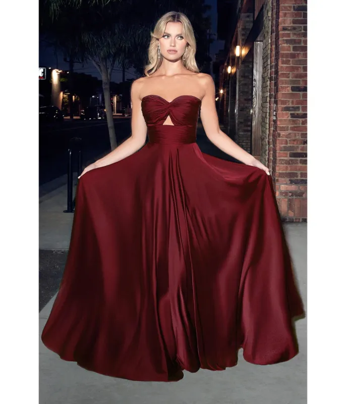 Ladivine by Cinderella Divine Burgundy Satin Strapless Keyhole Evening Gown sold by Unique Vintage