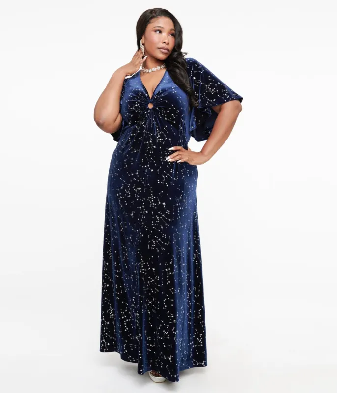 Smak Parlour Plus Size 1970s Blue Velvet Silver Stars Maxi Dress sold by Unique Vintage