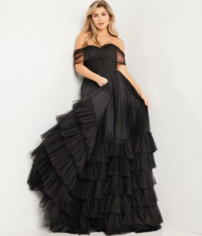 Jovani Black Off The Shoulder Ruched Tulle Ballgown sold by Unique Vintage