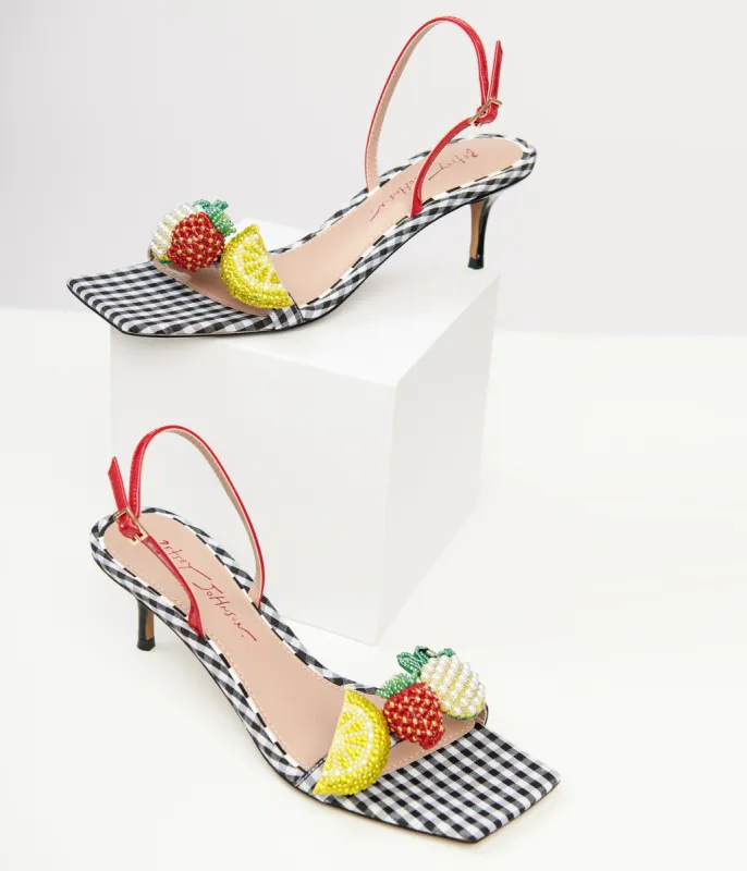 Betsey Johnson Black Gingham & Rhinestone Fruit Slingback Sandals sold by Unique Vintage