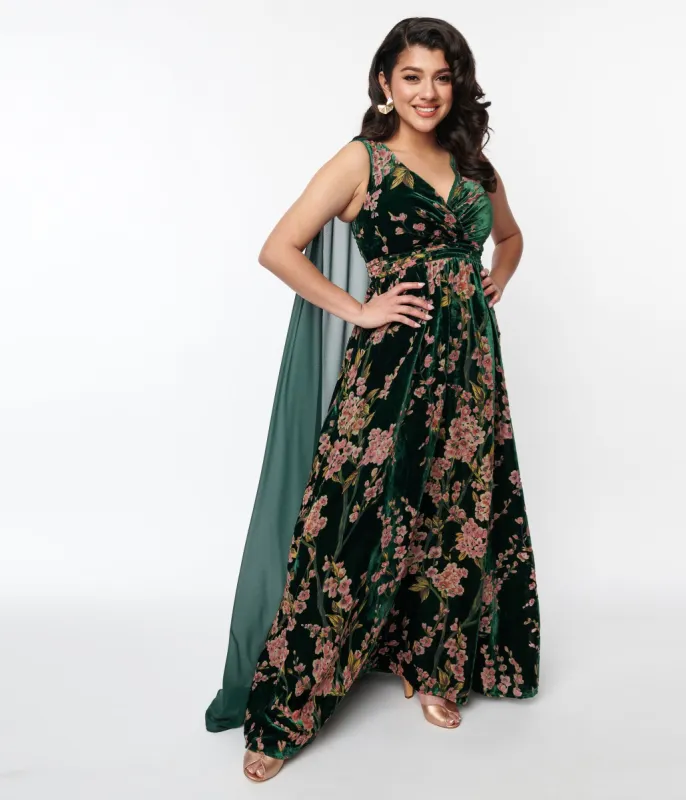 Unique Vintage Emerald & Cherry Blossom Velvet Cape Maxi Dress sold by Unique Vintage
