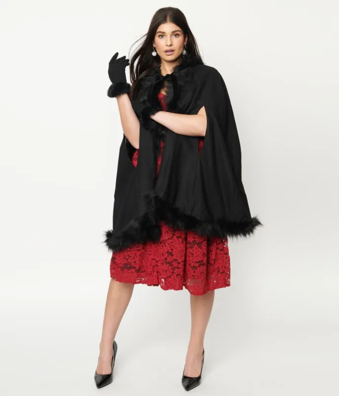 Collectif 1920s Black Wool & Fur Kori Cape Coat sold by Unique Vintage