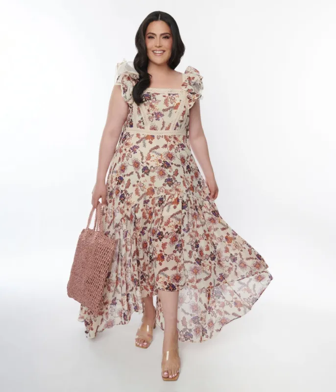 Beige Floral Ruffle High Low Maxi Dress sold by Unique Vintage