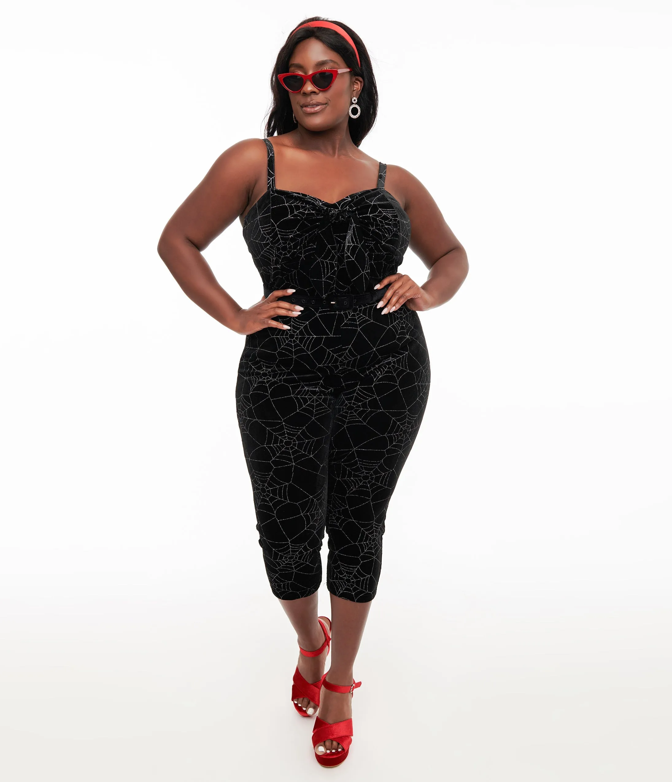 Unique Vintage Plus Size 1950s Black Velvet & Silver Web Cropped Jumpsuit sold by Unique Vintage product image thumbnail 3