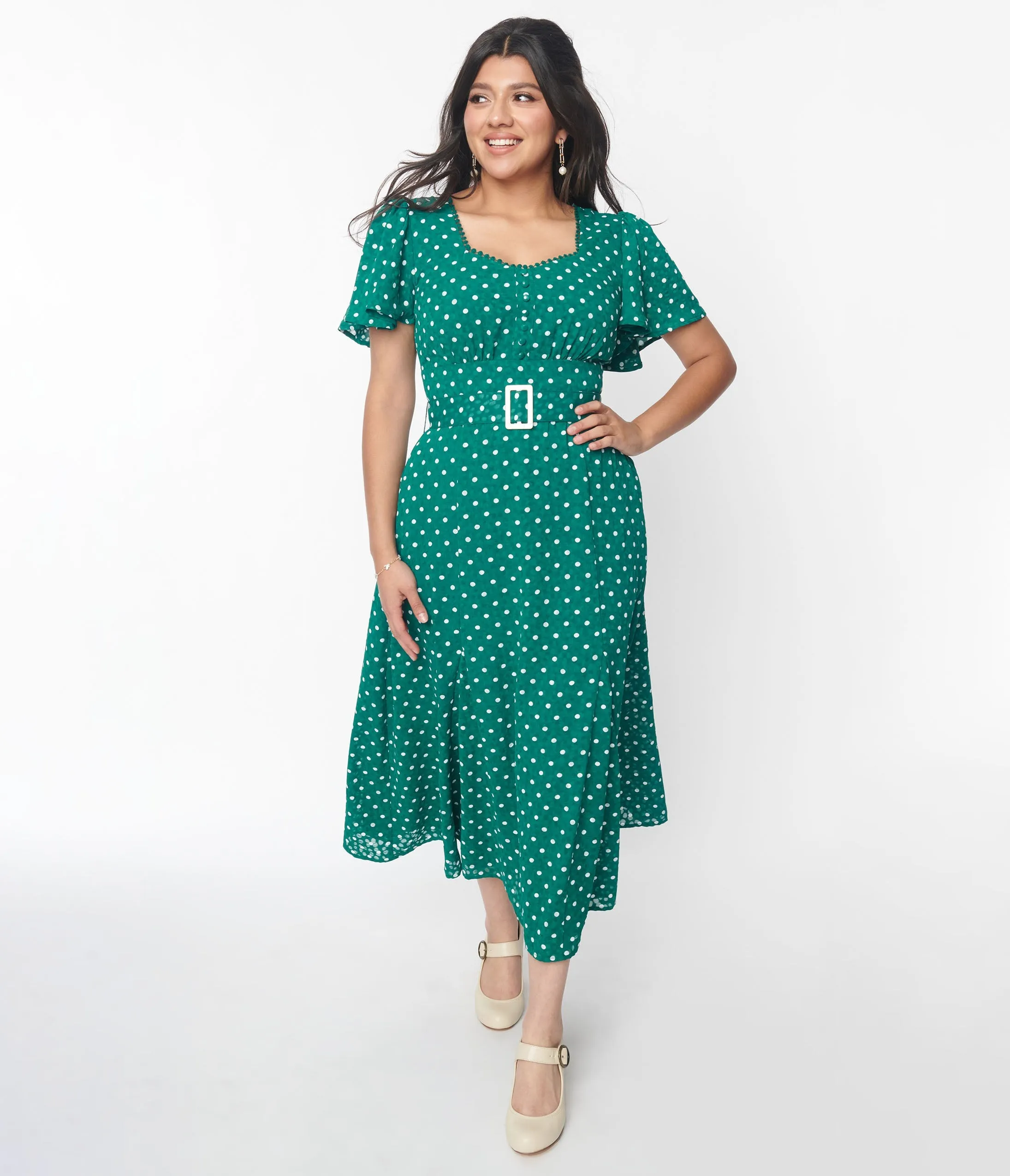 Unique Vintage 1940s Green & White Polka Dot Godet Midi Dress sold by Unique Vintage