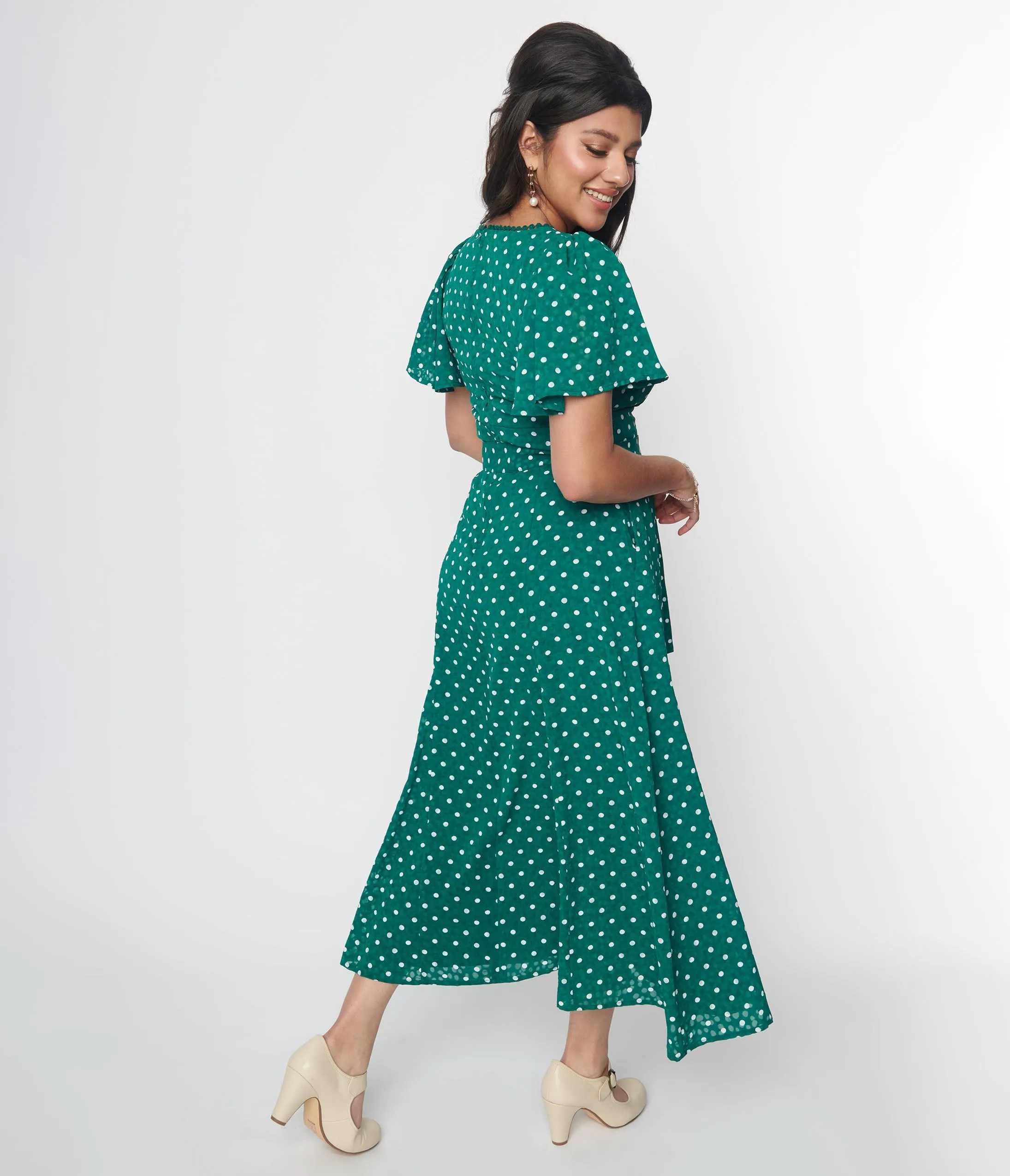 Unique Vintage 1940s Green & White Polka Dot Godet Midi Dress sold by Unique Vintage product image thumbnail 3