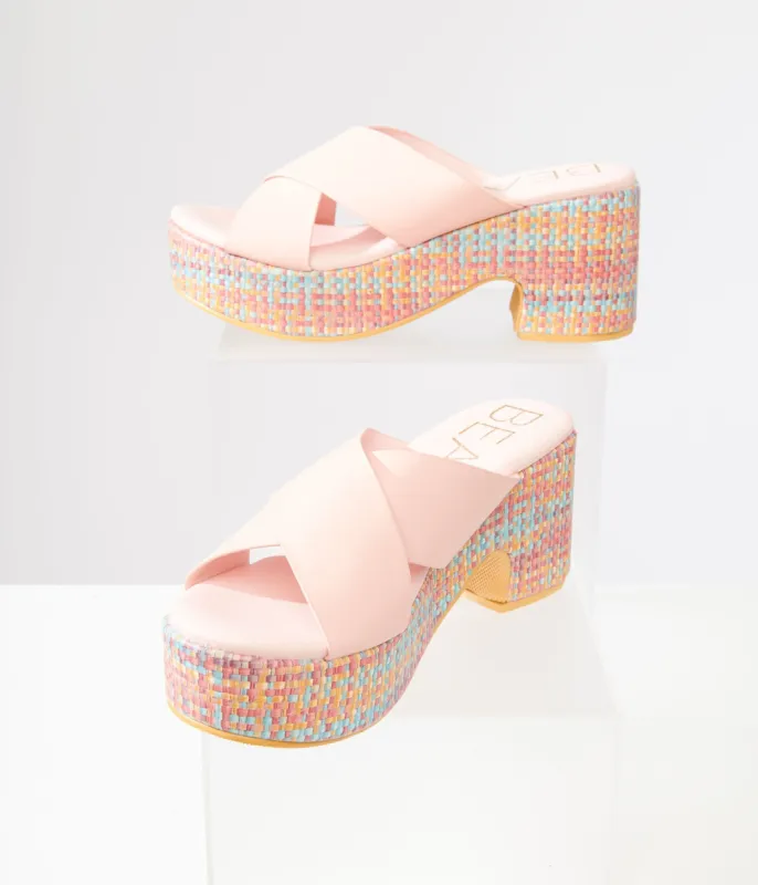 1970s Pink & Rainbow Woven Nellie Platform Sandals sold by Unique Vintage