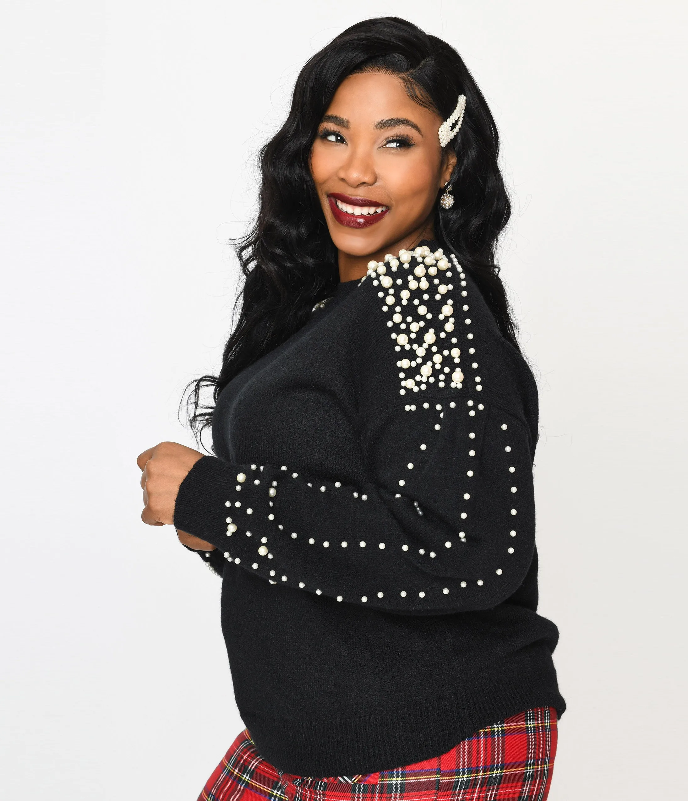 Plus Size Black & Faux Pearl Studded Knit Sweater sold by Unique Vintage product image thumbnail 2