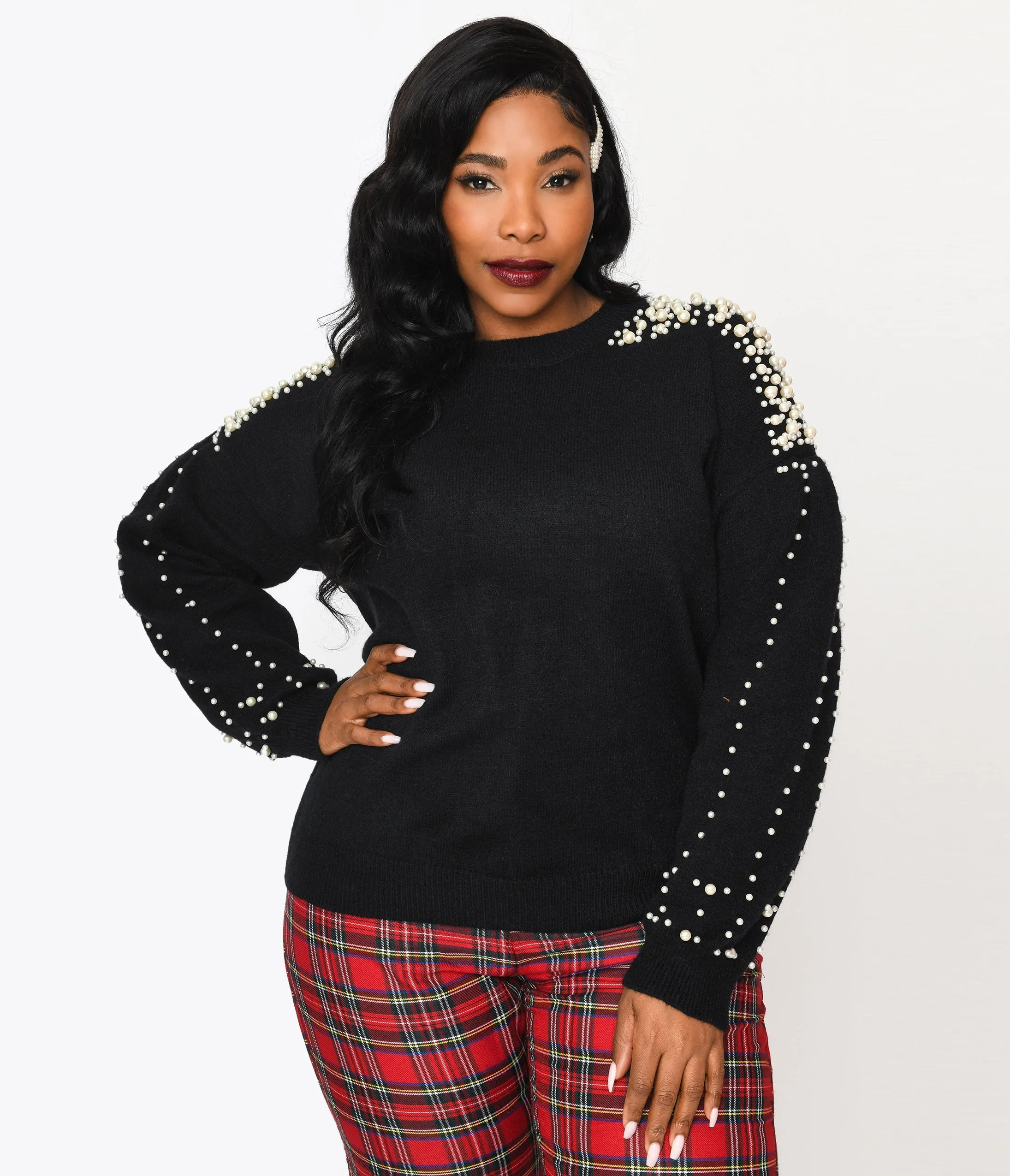 Plus Size Black & Faux Pearl Studded Knit Sweater sold by Unique Vintage
