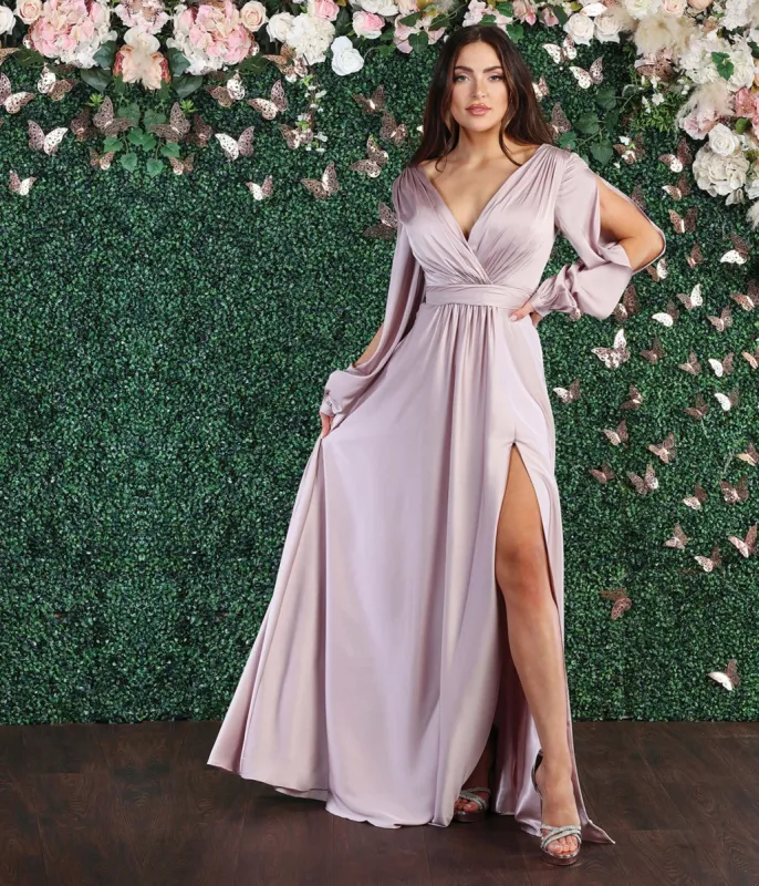 Mauve Satin Long Sleeve Goddess Gown sold by Unique Vintage