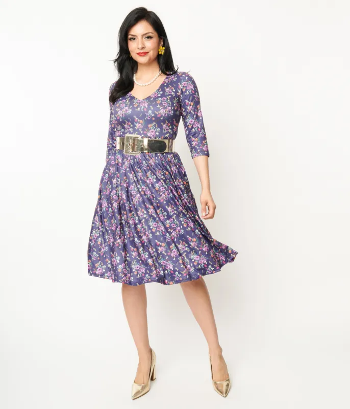 Dolly & Dotty Purple Dragonfly Floral Print Billie Fit & Flare Dress sold by Unique Vintage