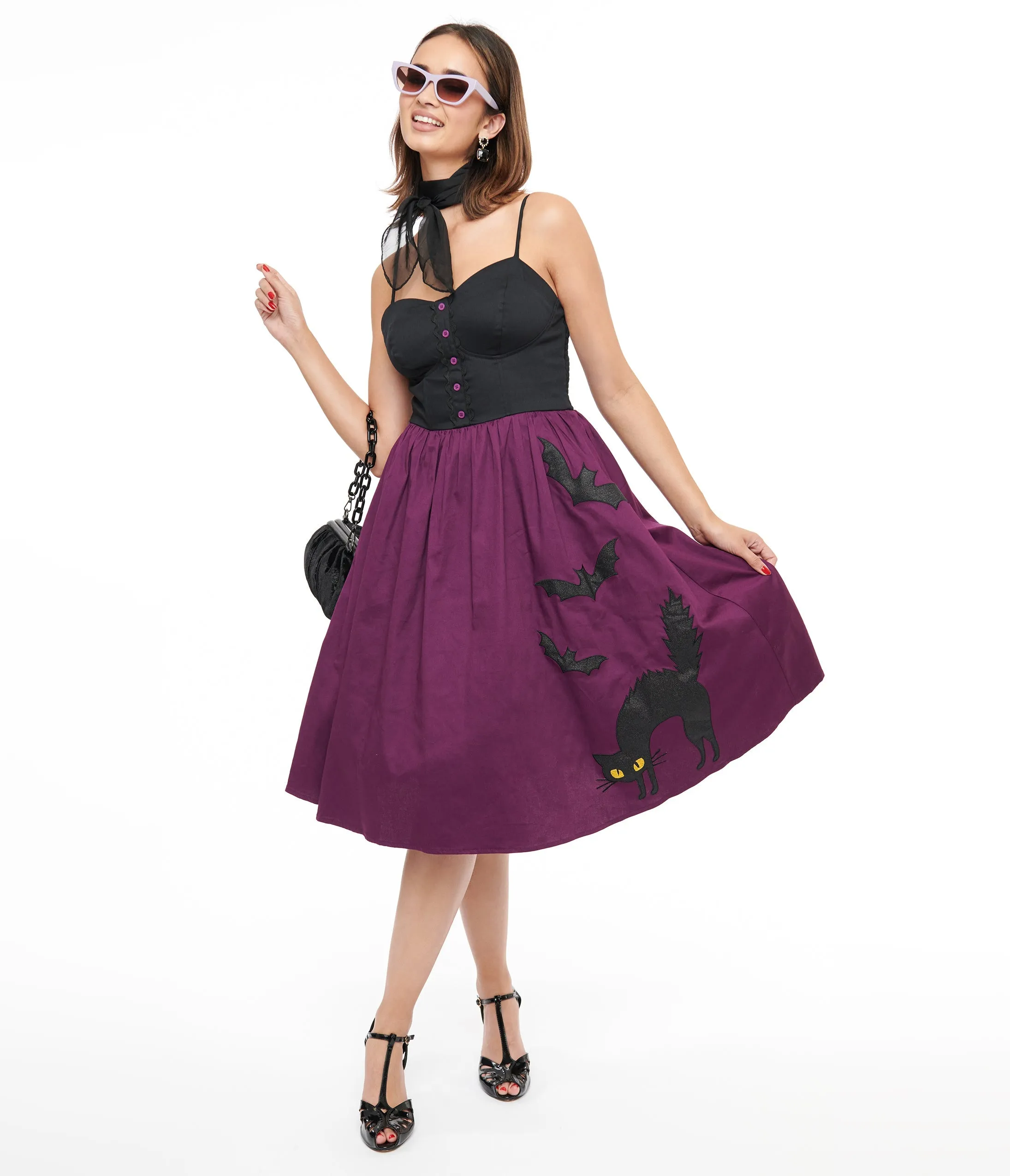 Unique Vintage 1950s Purple & Black Glitter Cat Swing Dress sold by Unique Vintage