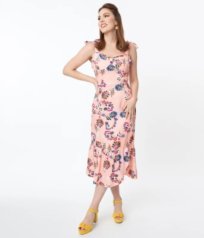 1940s Light Pink & Paisley Floral Print Devika Pencil Dress sold by Unique Vintage