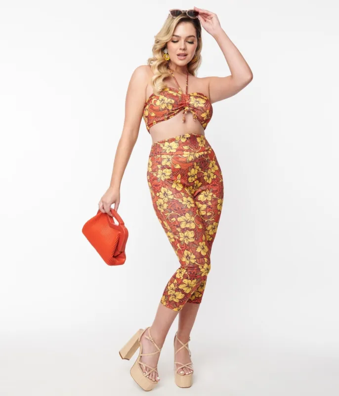 Orange & Yellow Tropical Floral Mimosa Capris sold by Unique Vintage