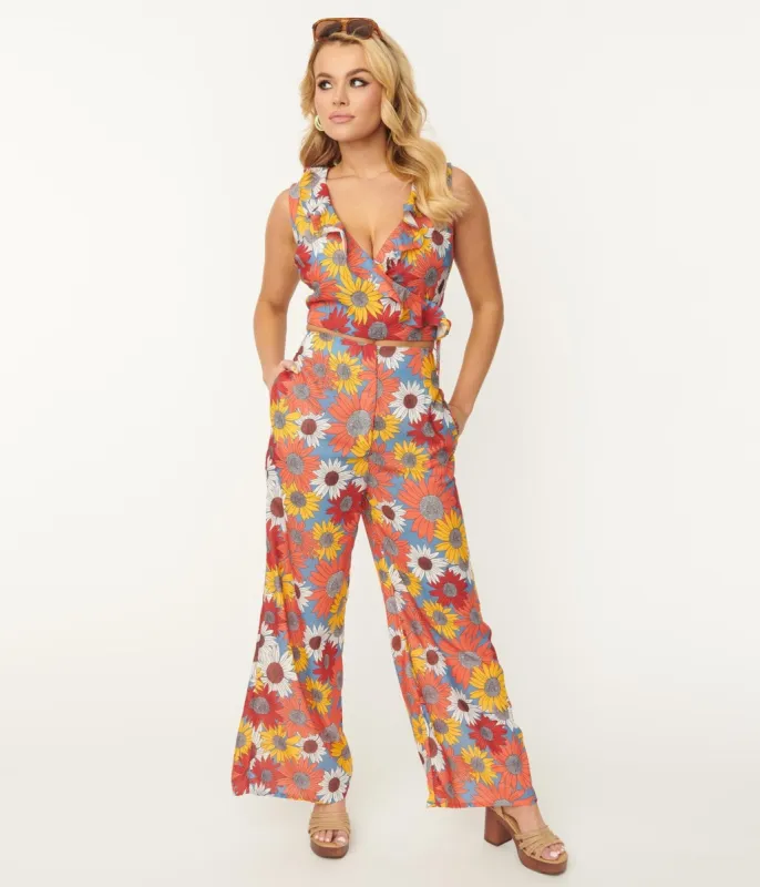 Orange & Yellow Sunflower Bianza Print Pants & Top Set sold by Unique Vintage